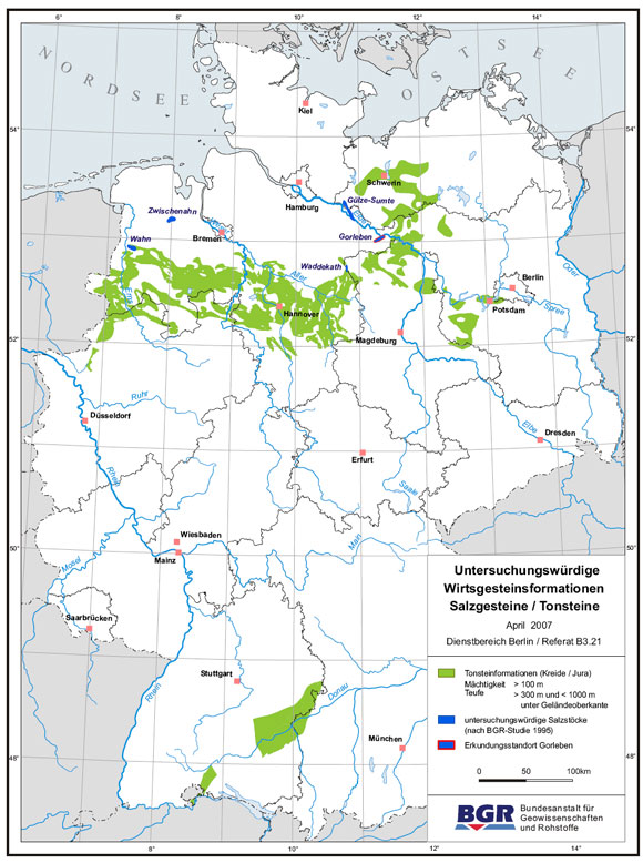 Karte der untersuchungswürdigen Steinsalz- und Tonsteinformationen in Deutschland; BGR 2007
