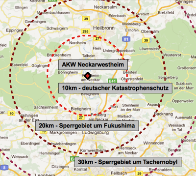 Evakuierungs-Radius AKW Neckarwestheim / Fukushima / Tschernobyl