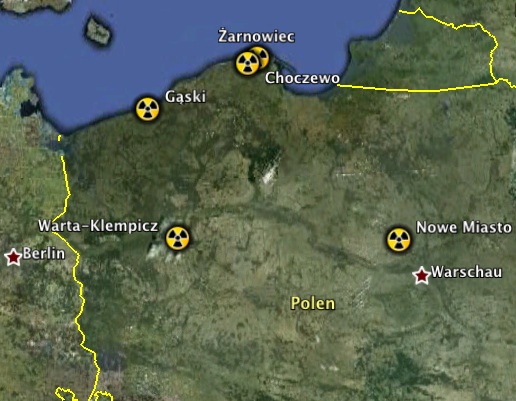 Polen: Ausgewiesene Standorte für den Bau eines AKW; Karte: googleearth