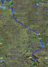 Mögliche Transportroute für MOX-Brennstäbe Nordenham - AKW Grohnde; Karte: google