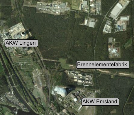 Atomstandort Lingen; Karte: maps.google.de