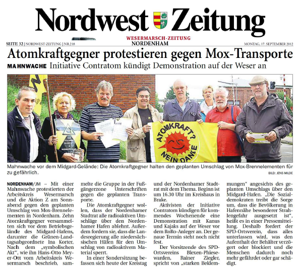 Nordwestzeitung von Montag, 17.09.2012
