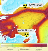 Türkei: Standorte für geplante AKW; Erdbebenkarte: European Seismological Comission