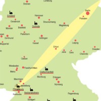 Zu evakuierendes Gebiet bei atomarer Katastrophe am Beispiel des Atomkraftwerks Philippsburg 1 bei neutraler bis leicht stabiler Luftturbulenz und Wind aus Südwest auf Grundlage Ökoinstitut Darmstadt